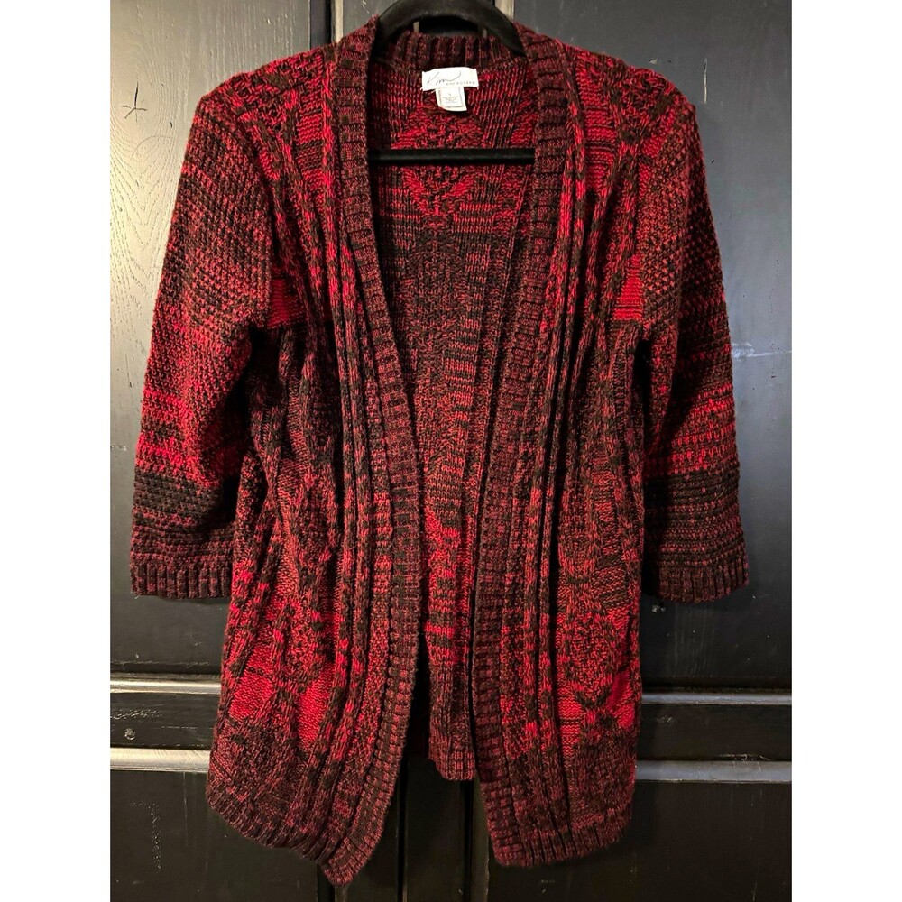 Kim Rogers Womens Red Black Heathered Open Front Knit Cardigan Sweater 3/4 S